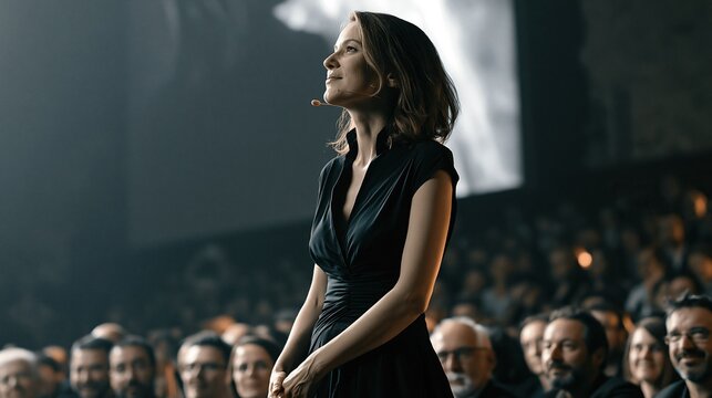 Confident female speaker with headset microphone standing in front of seated audience at business conference event in dark large auditorium