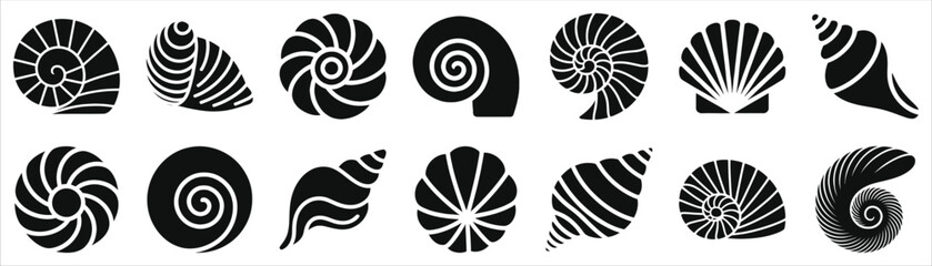 Minimalist Seashell Silhouette Icon Set, Summer Beach Marine Shell Vector Elements, Black and White Nautical Ocean Conch Snail Spiral Scallop Set for Logo Design, Isolated Graphic Clipart © Tanver