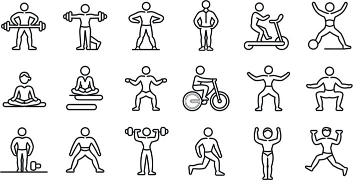 Line art illustrations of people performing various weightlifting exercises