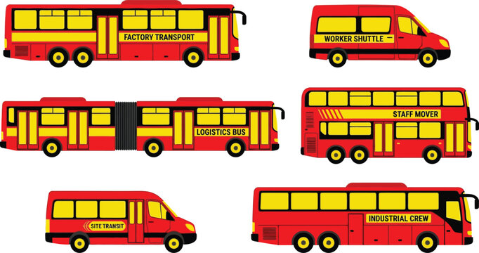 Set of red corporate transport vehicles including various buses and vans in a flat design vector illustration ideal for industrial logistics employee shuttle services and urban mobility concepts