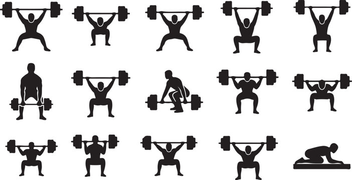 Weightlifting, gym, fitness icons, 13 silhouette workout graphics, exercise set