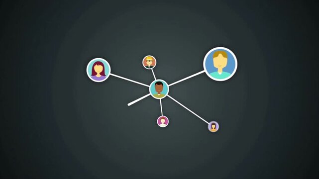 Social network connection concept with animated people avatars icons linking together, global community communication structure layout on dark background loop