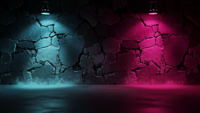 Cracked stone wall illuminated by dual spotlights in cyan and magenta with low lying ground fog on a dark concrete floor surface