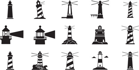 Lighthouse icons, navigation symbols, coastal signs, vector graphics © fksamia