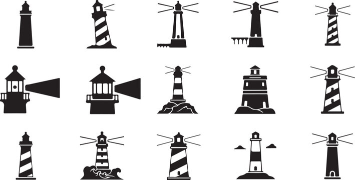 Lighthouse icons, navigation symbols, coastal signs, vector graphics