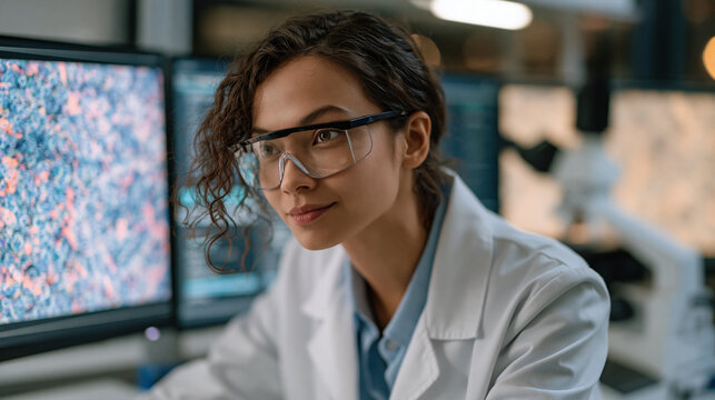 Immunologist in protective goggles examining fluorescence microscopy imagery showing senescent cell markers, senolytic therapy aging research, quiet laboratory night setting, multiple monitors glowi