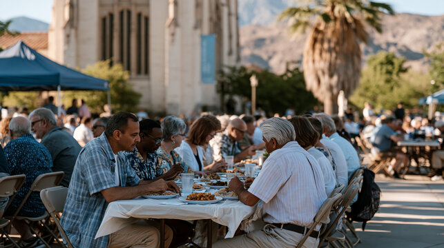Loma Linda Seventh Day Adventist congregation gathering outdoors for communal vegetarian potluck lunch, religious practice longevity blue zone, Southern California summer warmth, long folding tables