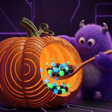 Cute purple monster scooping out a jack-o-lantern with glowing candy
