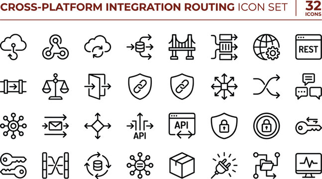 Cross Platform Integration Routing Icon Set with API Network Workflow and Distributed System Architecture Symbols
