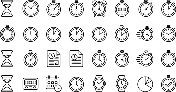 Time and Clock Icon Set Featuring Hourglasses, Wall Clocks, Stopwatches, Alarm Clocks, Wristwatches, Timers, Calendars, Reports, and Time Management Symbols for Digital Designs