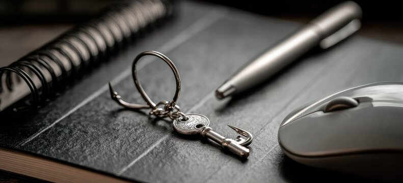 A keychain with a key and fishing hook rests on a notebook beside a pen and mouse
