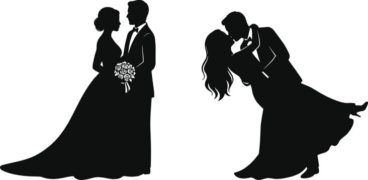 Elegant bride and groom wedding couple silhouette with romantic kiss pose vector illustration collection
