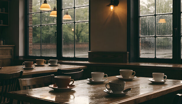 calm empty caf&eacute; scene before sunrise, warm ambient lighting, ceramic cups and soft shadows, peaceful solitude mood