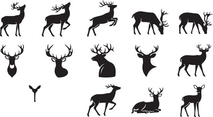 Deer silhouettes, black deer icons, 13 reindeer graphics, animal symbols © fksamia