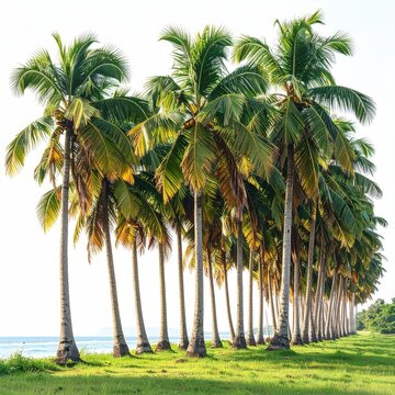 Lush, green palm trees line a sunny, tropical coastline with a white sky