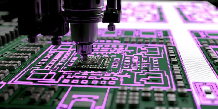 Microscope inspecting circuit board, highlighting intricate components under purple lighting.