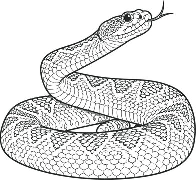 Detailed black and white outline of a coiled rattlesnake with intricate scales on a transparent background.