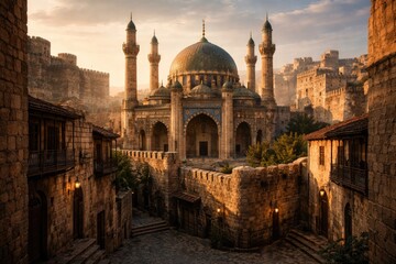 Fototapeta premium Beautifully preserved ancient mosque surrounded by historic city walls and narrow alleys