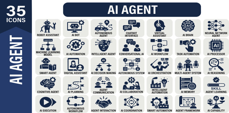 AI Agent icon set, Autonomous agentic AI workflow symbols, Machine learning nodes, Neural network bot vectors for saas UI UX design. Solid icon collection.