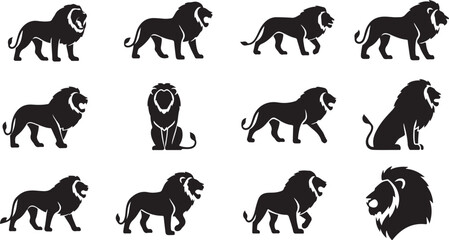 Fototapeta premium Lion silhouettes, lion icons, black lion graphics, 12 lion symbols