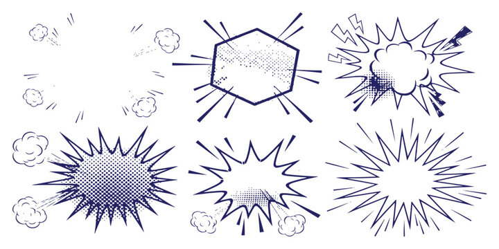 Retro pop art comic book explosion and speech bubble set with halftone dot pattern vector illustration.