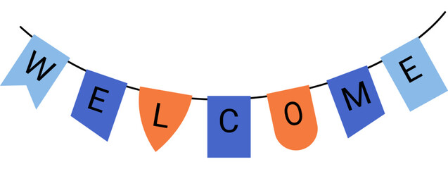 Welcome bunting banner with colorful flags on a string vector illustration. Party decoration, event planning, festive greeting, hospitality service, home decor, celebration. Festive garland © Dmytro