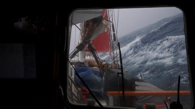 Sailing Ship in Storm Seen from Wheelhouse in Drake Passage