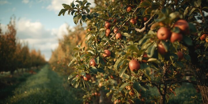 Autumn orchard view of red apples on mature tree limbs