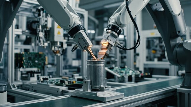 Medium shot of hybrid lowESR capacitor can sealing showcasing robotic arms performing hermetic sealing with advanced technology.