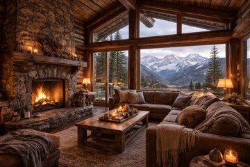 Fototapeta premium Inviting cabin living room with fireplace and panoramic mountain scenery outside