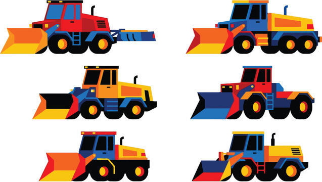 Set of colorful snowplow and bulldozer vehicles flat vector illustrations ideal for winter road maintenance construction projects or childrens educational content