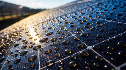 Obraz premium Close up macro shot of solar panel with water droplets reflecting sunlight, showcasing clean energy technology and environmental sustainability in bright natural light