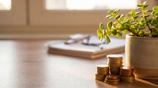 Stacked coin pile money saving financial growth investment concept succulent plant indoor greenery wooden table blurred background eyeglasses notebook natural light home office business planning