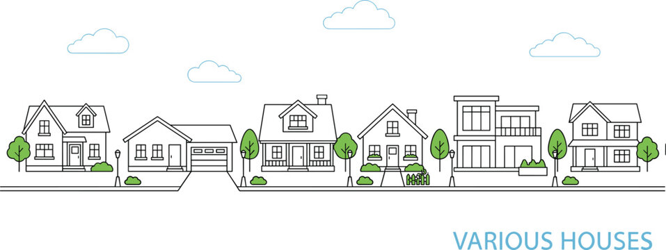 Various residential house line art collection with suburban homes modern architecture and neighborhood street vector illustration