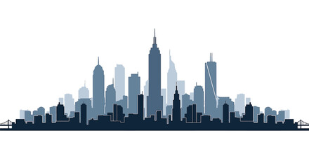 Fototapeta premium Black vector silhouette of a modern city skyline with various skyscrapers, office buildings, and urban structures isolated on a white background for architectural design.