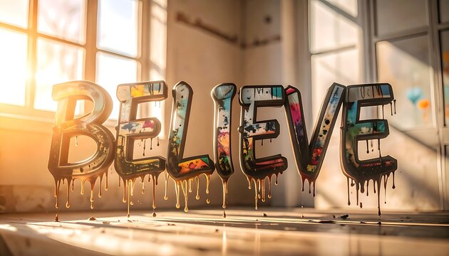 Pixelated graffiti word believe dripping paint in bright sunlit room, urban street art inspiration