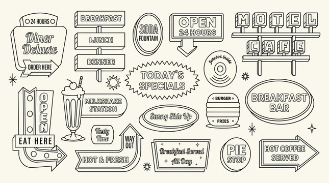 Retro diner signs and icons hand drawn style isolated on white