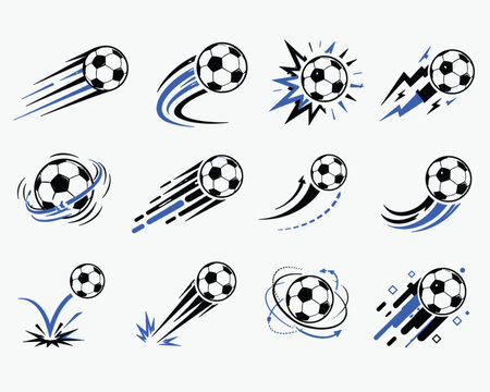 Soccer ball motion vectors and football effect graphics set for sports logo