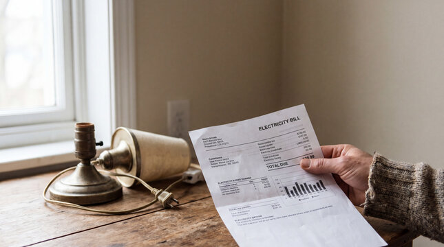 Electricity bill hand wooden table lamp unplugged indoor natural light payment energy usage home expense