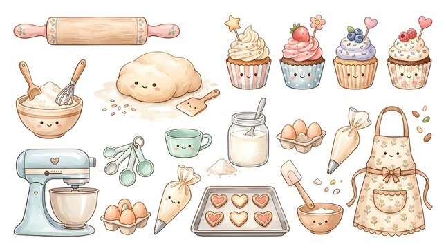 Whimsical baking illustration featuring a rolling pin, mixer, cupcakes, cookies, and baking essentials with a charming, kawaii aesthetic