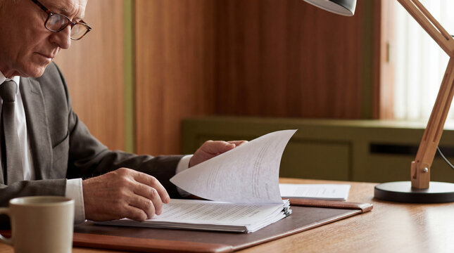 Close up of senior businessman reading documents at wooden desk with cup and desk lamp, focused on paperwork in professional office environment