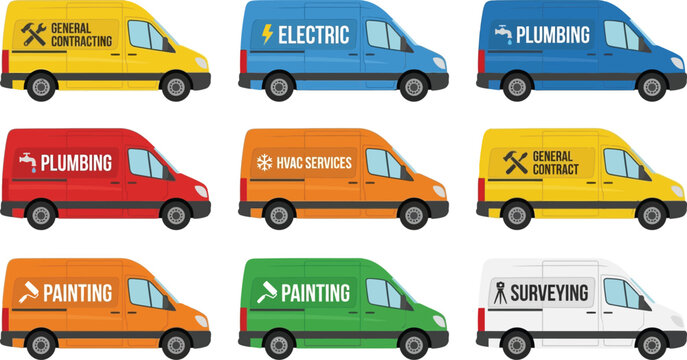 A collection of various service vans with different trade logos and colors depicted in a flat vector illustration style ideal for representing home repair construction and professional business servic