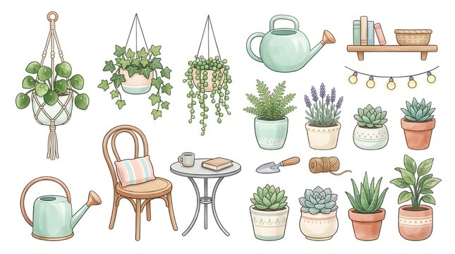 Cozy balcony with plants, furniture, watering cans, and decorative string lights in a charming illustration