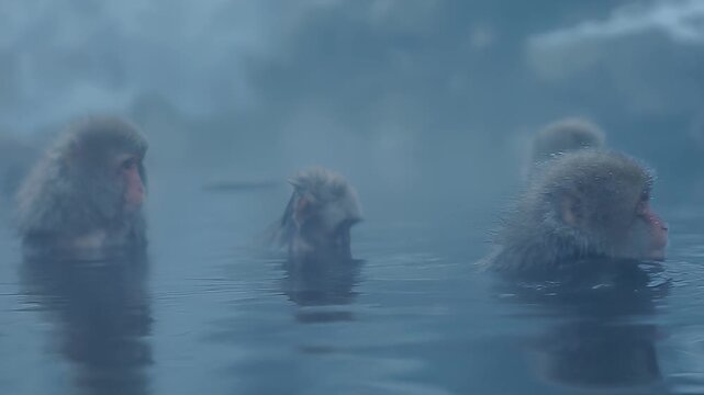 Japanese macaques relaxing in a steamy hot spring during winter