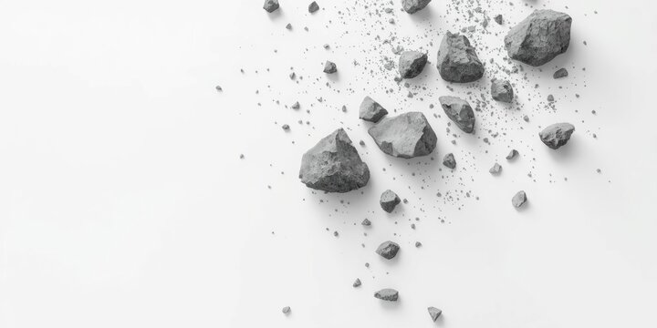 Rocks and Particulate Matter Tumbling Over White Surface Minimalist Style, Top View, Textured Details