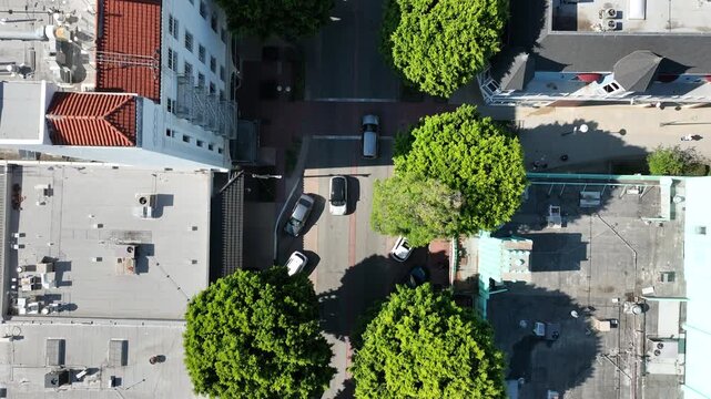 Whittier, California USA - Overhead Drone View of Uptown Greenleaf Promonade With Commercial Buildings in a Sunny Day