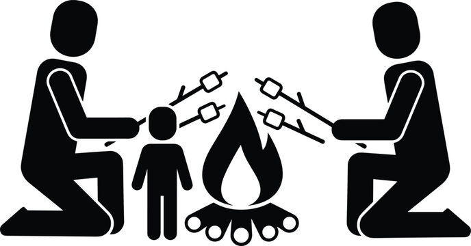Family camping around bonfire roasting marshmallows outdoor adventure and parent child bonding silhouette vector illustration