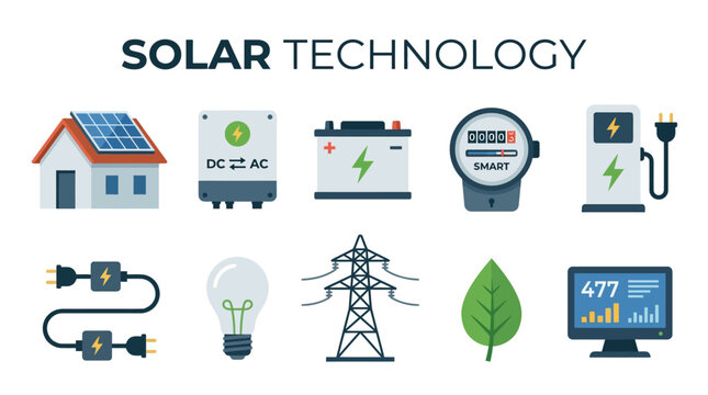 Solar Energy System Elements with Home Panel Battery Meter Charger and Grid