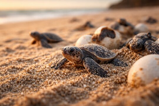 Macro shot of loggerhead turtle babies hatching on beach with copy space