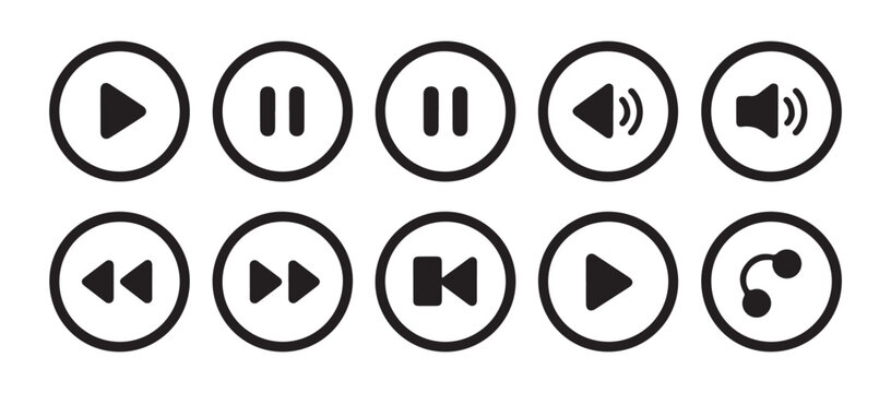 Media player control icons play pause volume fast forward rewind and share vector.